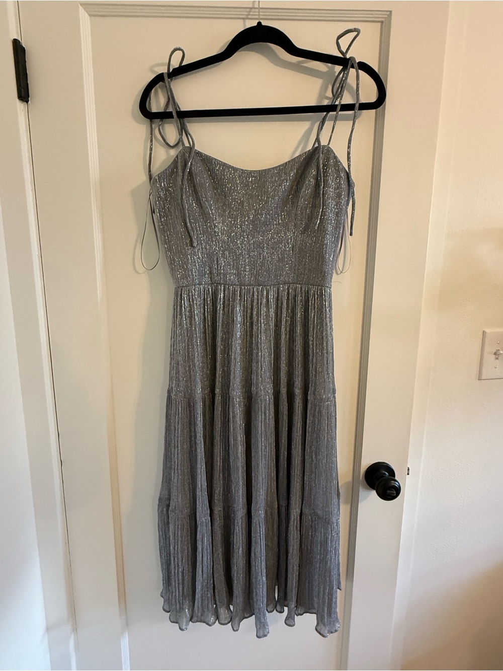 Dress the Population Silver Metallic Tie-Strap Midi Dress